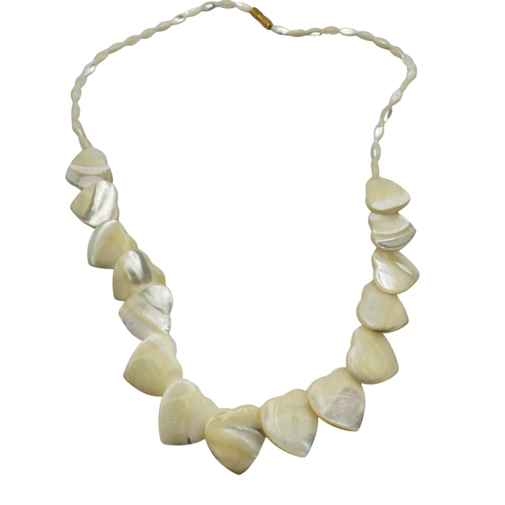 Vintage Mother of Pearl Necklace Heart Carved MOP Shell Bib 1970s